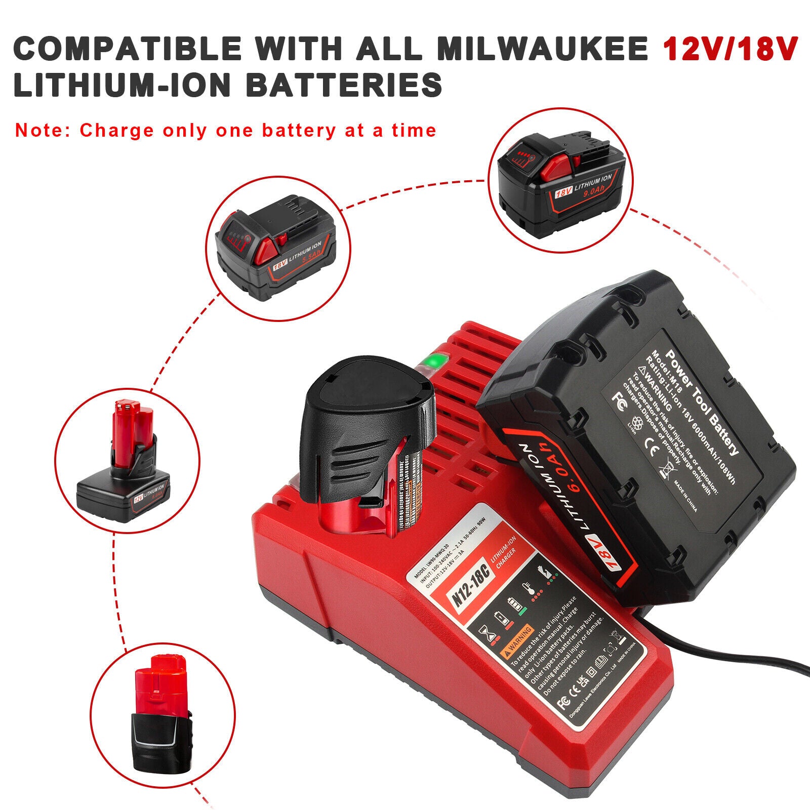 N12-18C Charger for Milwaukee 18V 12V M18 M12 Lithium Battery N12-18C Charger for Milwaukee 18V 12V M18 M12 Lithium Battery